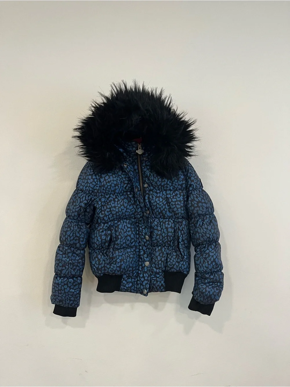 Appaman Blue Leopard Print Puffer Jacket with Black Faux Fur Hood